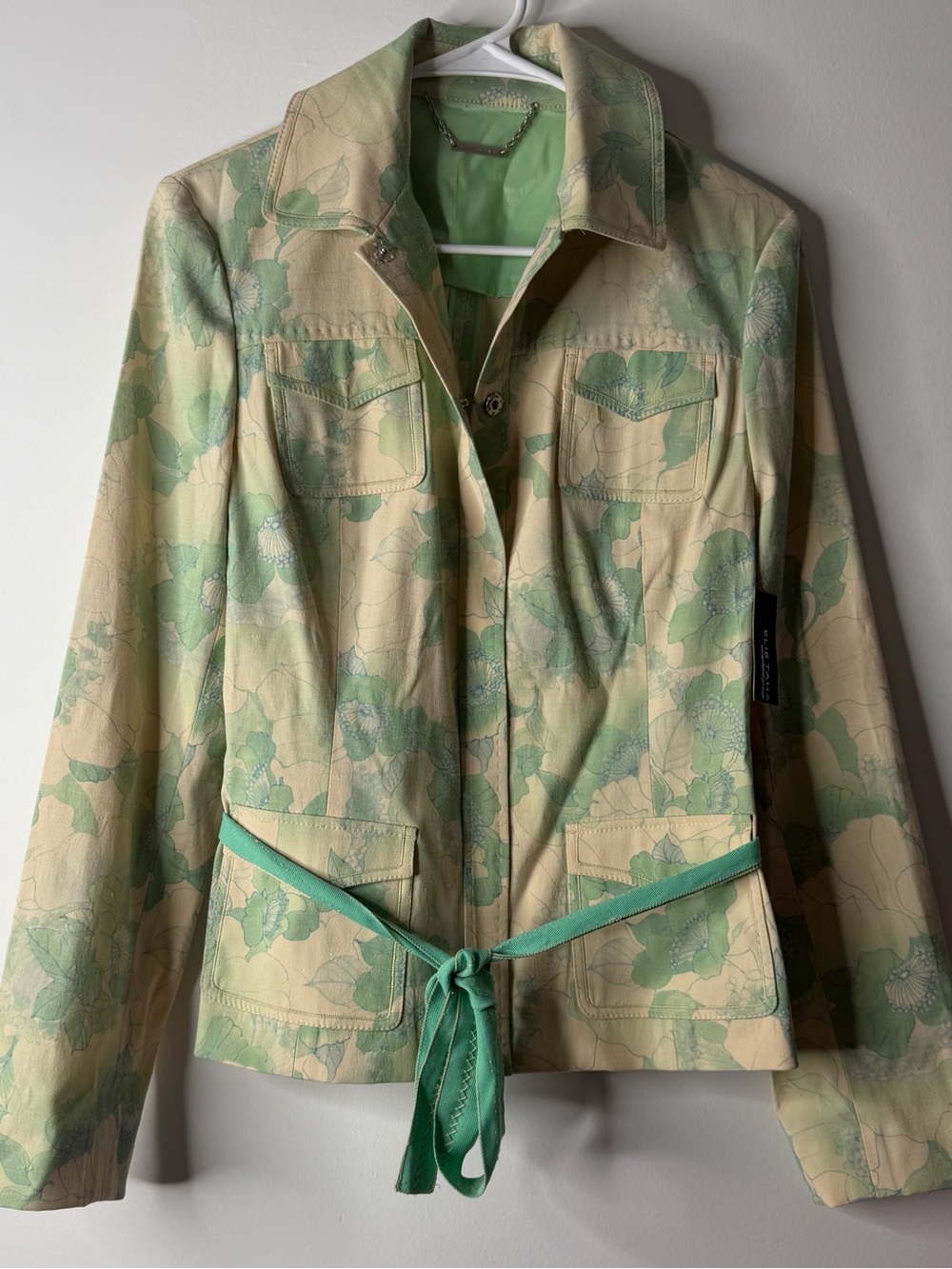 Elie Tahari Cream and Mint Green Floral Tie-Belt Jacket
